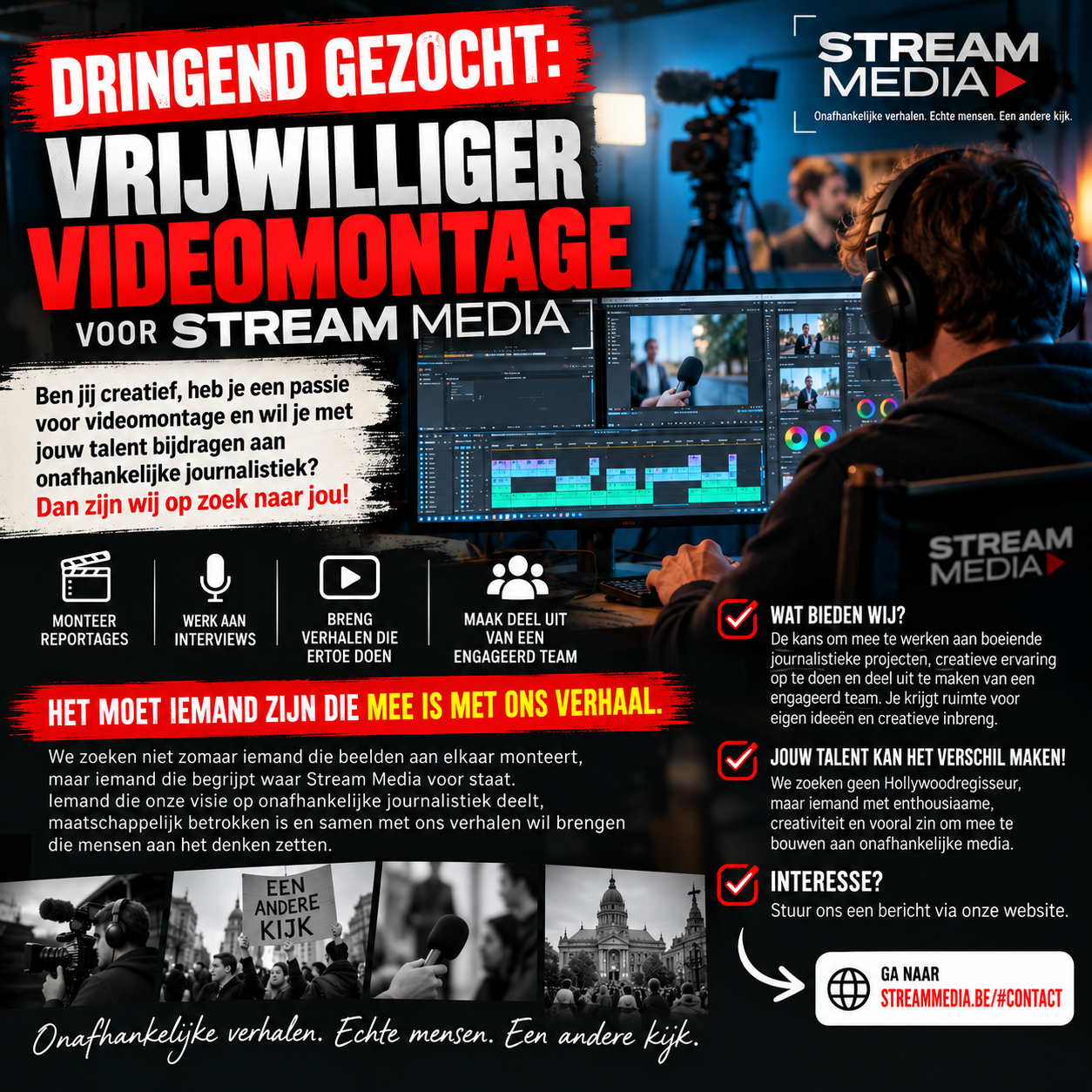 DRINGEND GEZOCHT: VRIJWILLIGER VIDEOMONTAGE VOOR STREAM MEDIA!